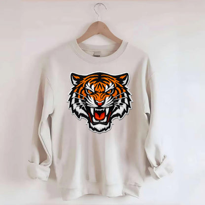 TIGER STRIPES FACE - fierce tiger face in orange, black and white , predator - Crewneck Sweatshirt - biege