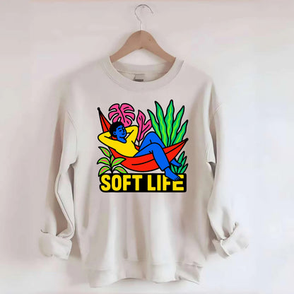 Person relaxing in hammock with plants - "soft life" aesthetic, peaceful - Crewneck Sweatshirt - biege