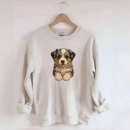 Baby Australian Shepherd Puppy - merle coat, bright eyes, fluffy, - Crewneck Sweatshirt - biege