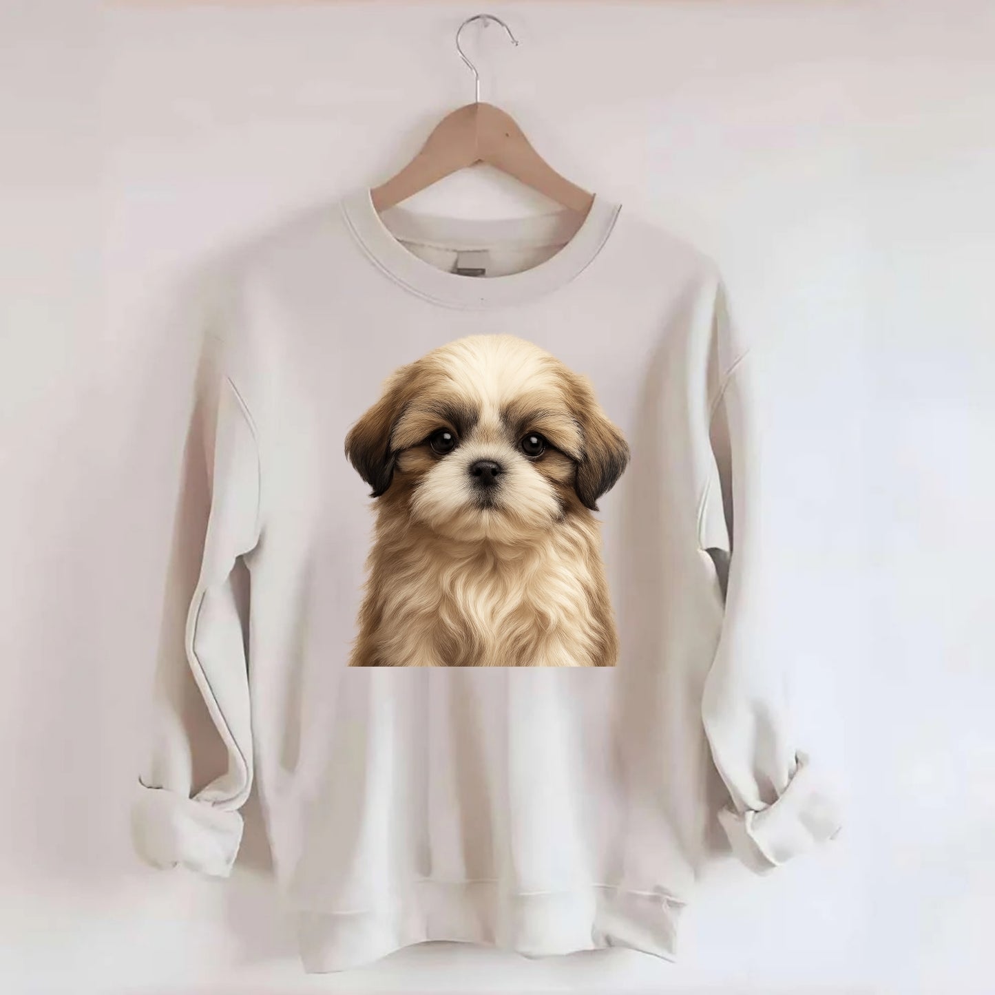 Baby Shih Tzu Puppy - long flowing coat, flat face, big dark eyes, - Crewneck Sweatshirt - biege
