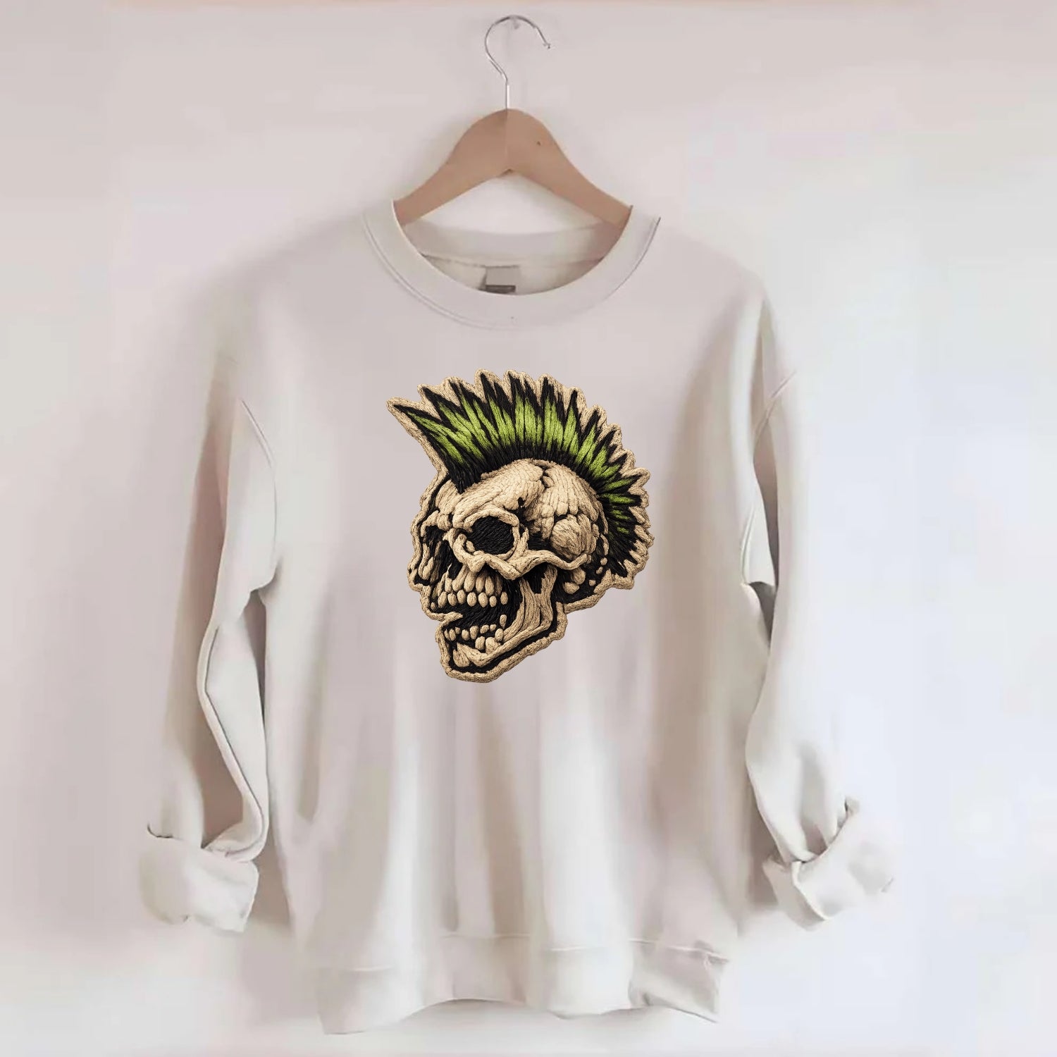 MOHAWK SKULL - punk skull with mohawk in neon green and black , punk rock - Crewneck Sweatshirt - biege
