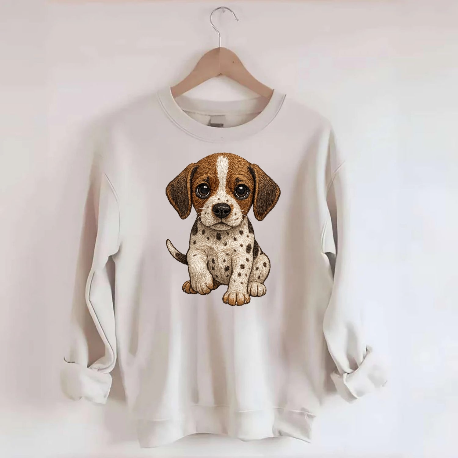 Baby Pointer Puppy - spotted coat, noble stance, alert eyes, front-facing, - Crewneck Sweatshirt - biege