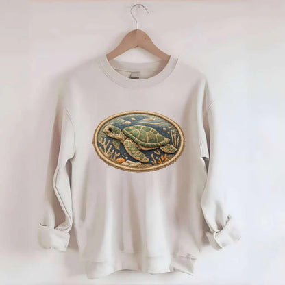 SEA TURTLE - swimming turtle in green and blue , ocean life - Crewneck Sweatshirt - biege