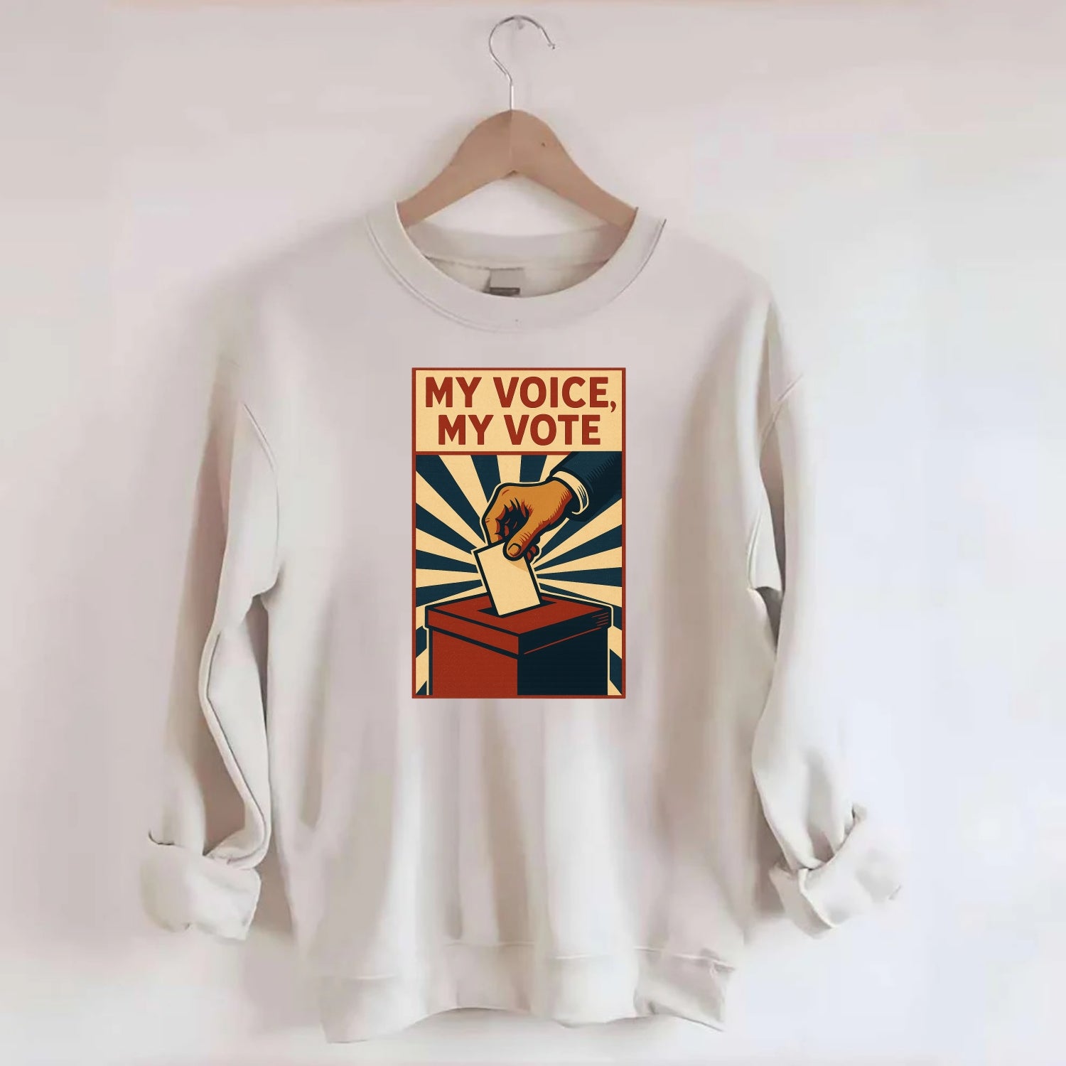 Hand dropping ballot into box with determination - "My Voice, My Vote" - - Crewneck Sweatshirt - biege