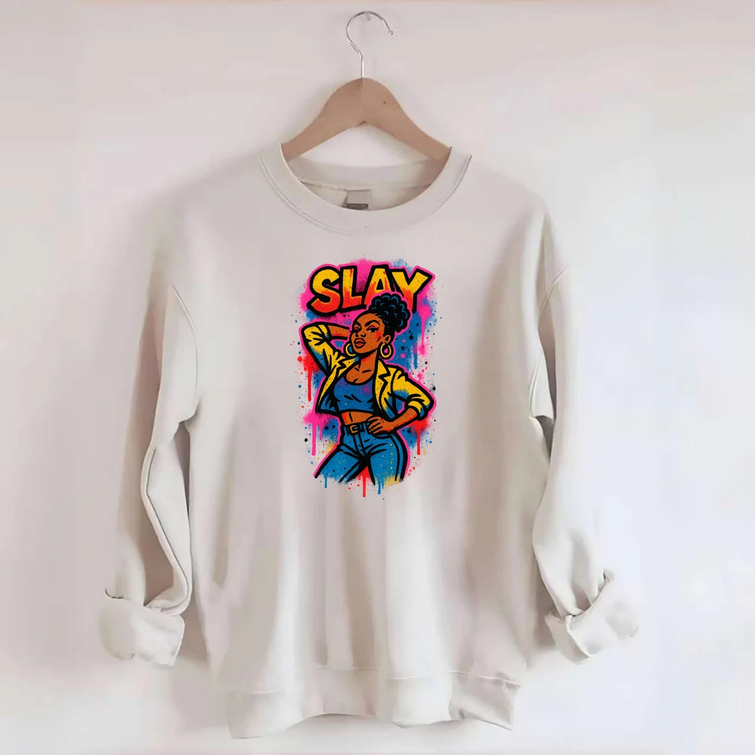Empowered figure striking confident pose - "slay" culture, fierce and - Crewneck Sweatshirt - biege