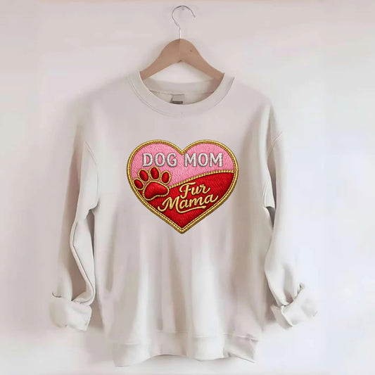 DOG MOM HEART - heart with paw print in pink and red , fur mama - Crewneck Sweatshirt - biege