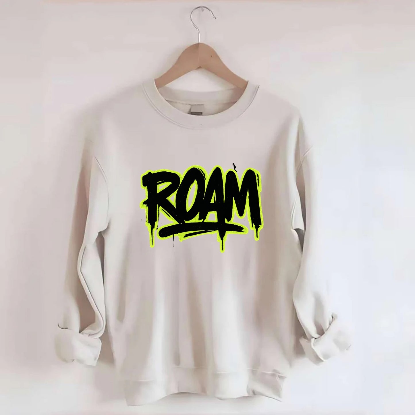 Bold typography design - "ROAM" - wander freely, no destination needed - Crewneck Sweatshirt - biege