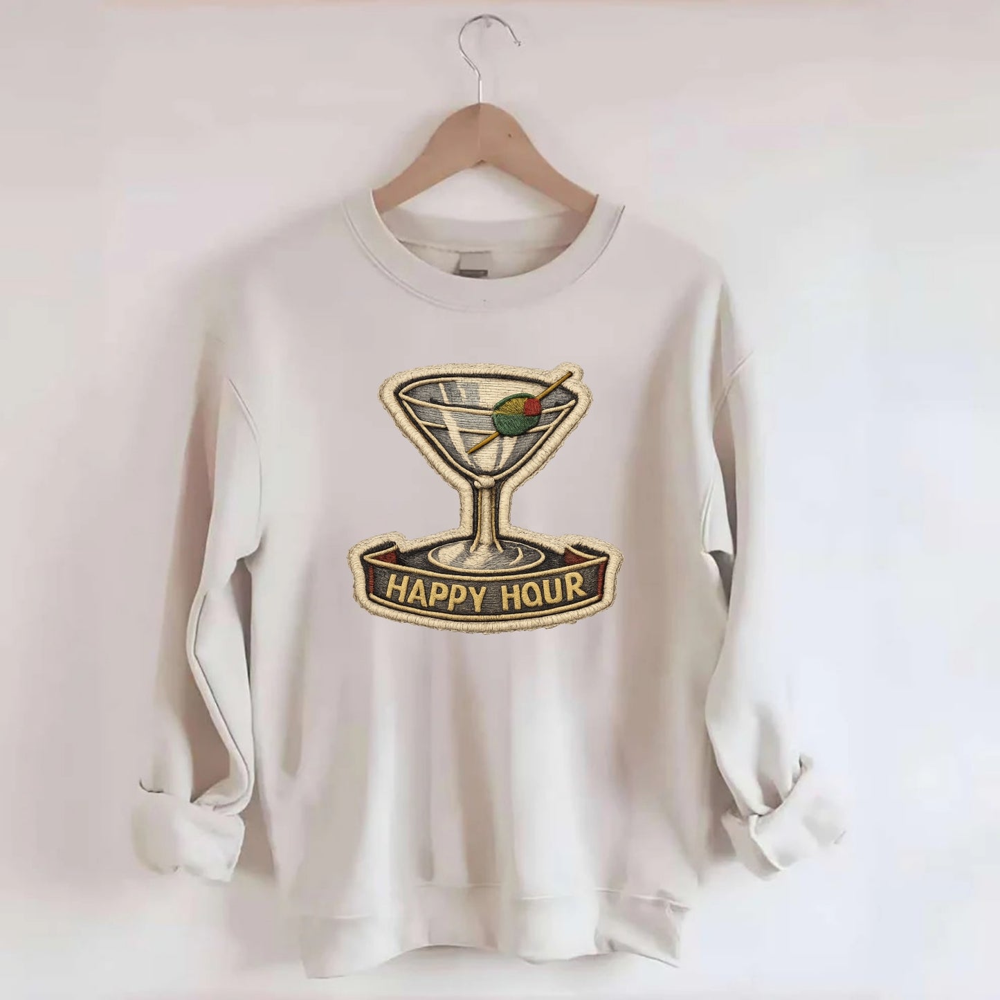 COCKTAIL MARTINI - martini glass with olive in silver and green , happy hour - Crewneck Sweatshirt - biege