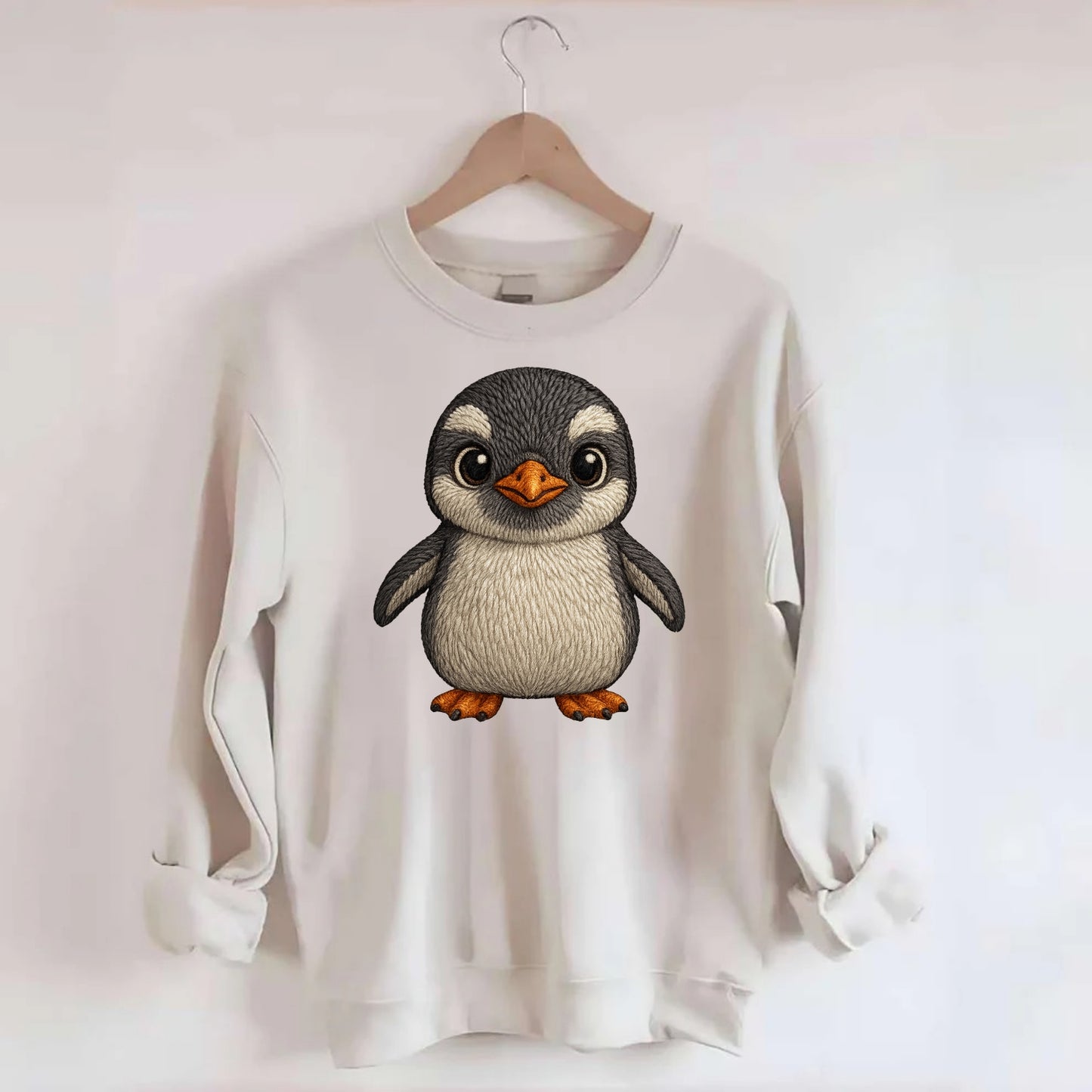 Baby Gentoo Penguin - orange beak, white cap, bright eyes, front-facing, - Crewneck Sweatshirt - biege