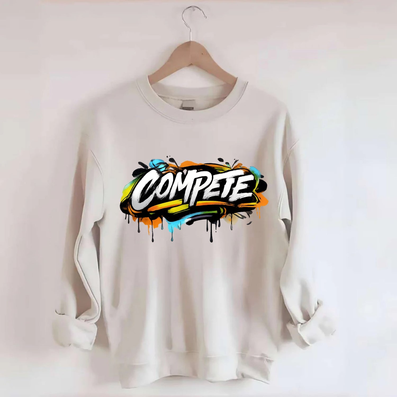 Bold typography design - "COMPETE" - competitive spirit, love the game - Crewneck Sweatshirt - biege