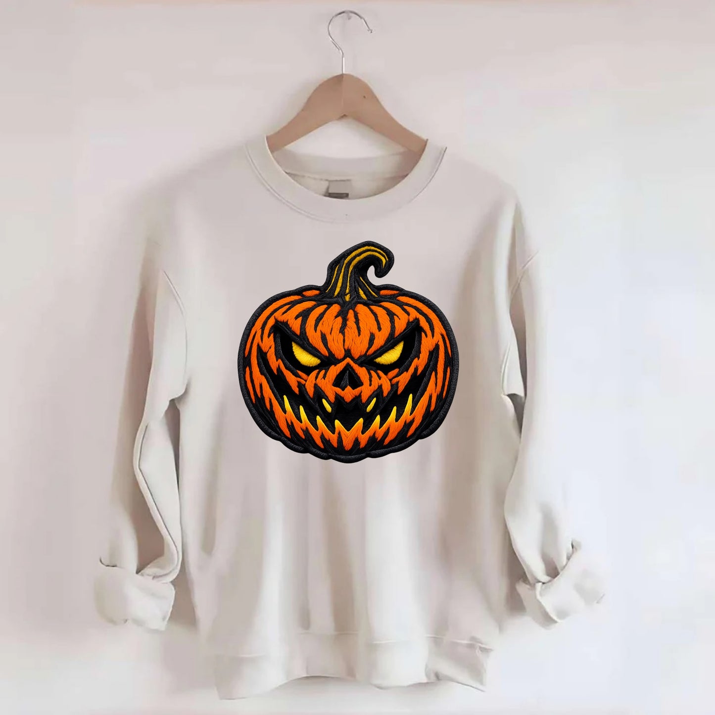 HALLOWEEN PUMPKIN - jack o lantern in orange and black , spooky - Crewneck Sweatshirt - biege