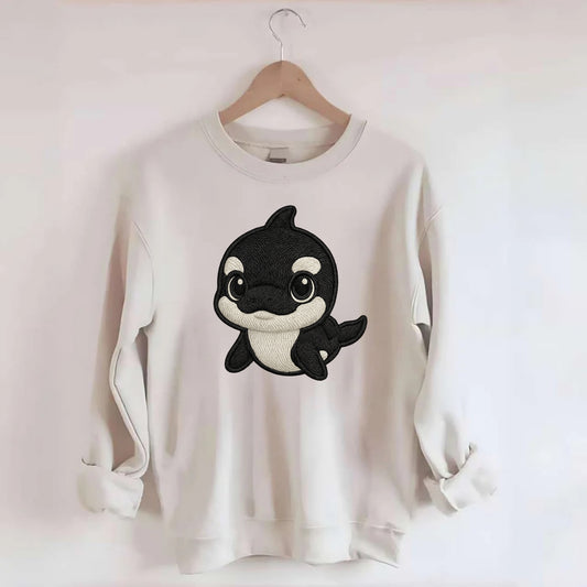 Baby Orca - black and white pattern, white eye patch, front-facing, curious - Crewneck Sweatshirt - biege