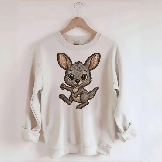 Baby Kangaroo Joey - gray fur, large ears, in pouch peek, bright eyes, - Crewneck Sweatshirt - biege