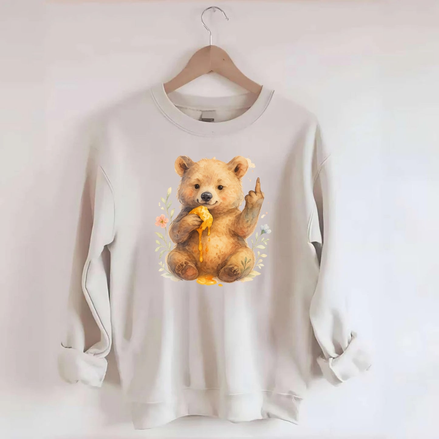 chubby bear cub eating dripping honey, sticky paw up with middle finger - Crewneck Sweatshirt - biege