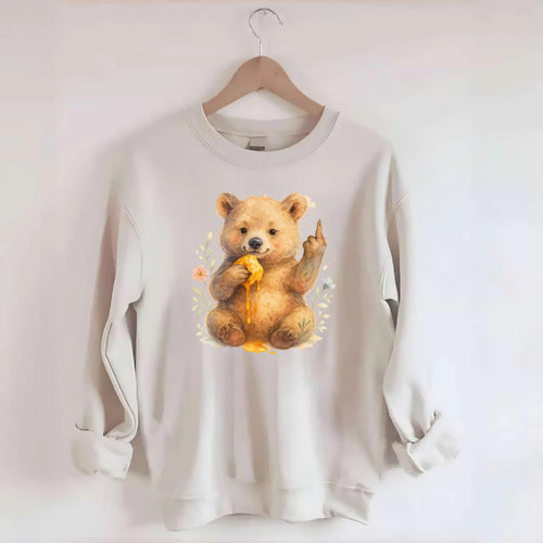 chubby bear cub eating dripping honey, sticky paw up with middle finger - Crewneck Sweatshirt