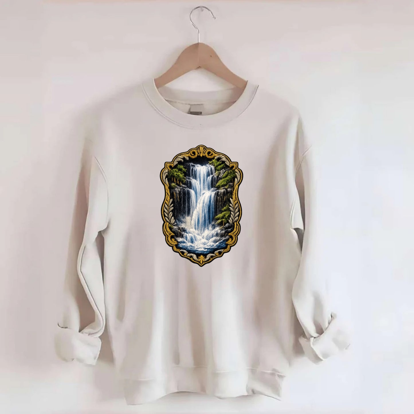 WATERFALL CASCADE - falling water with mist in blue and white , nature wonder - Crewneck Sweatshirt - biege