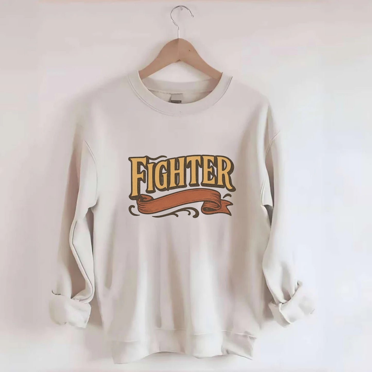 Bold typography design - "FIGHTER" - never giving up, battling on - Crewneck Sweatshirt - biege