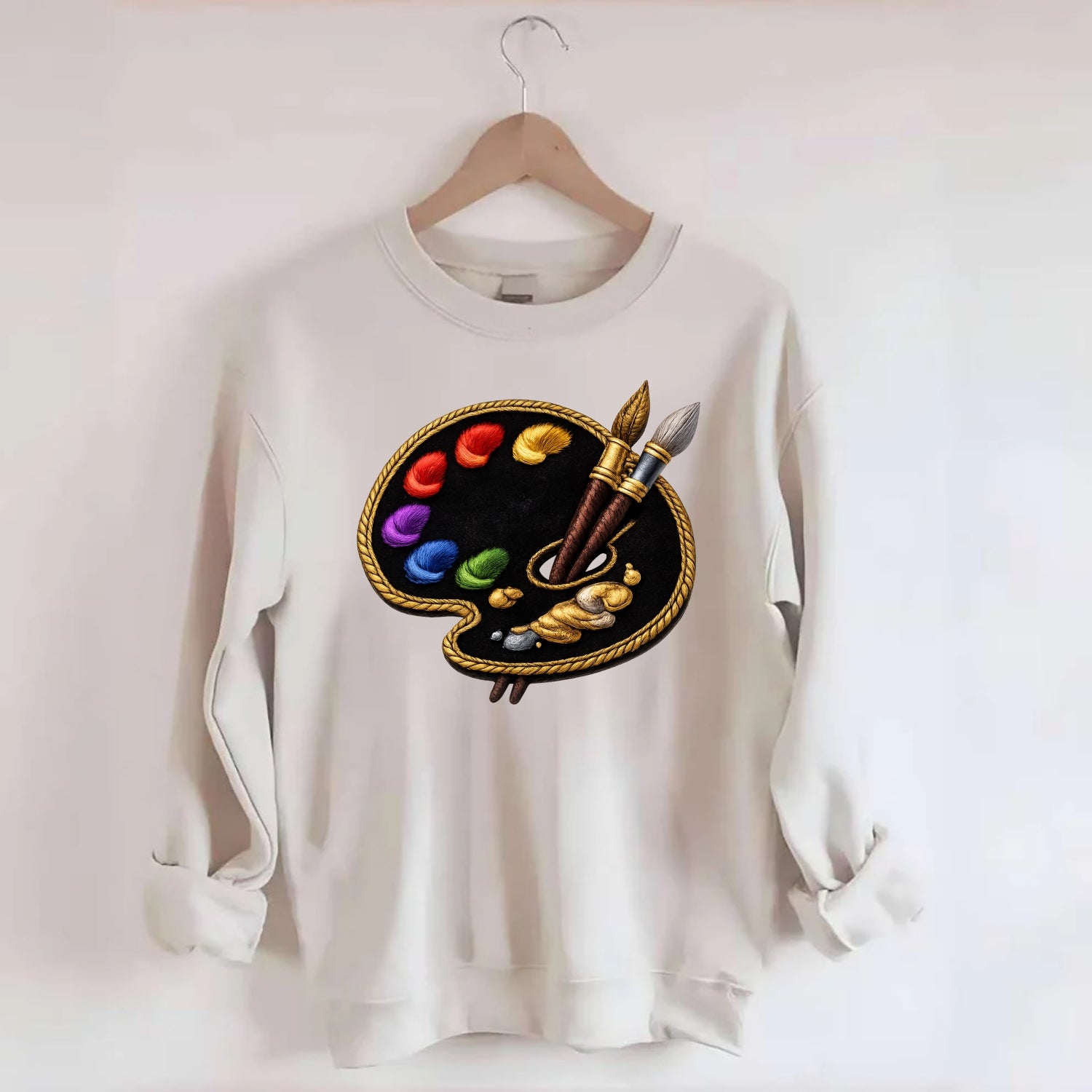 PAINT PALETTE - artist palette with brushes in rainbow and brown , creative - Crewneck Sweatshirt - biege