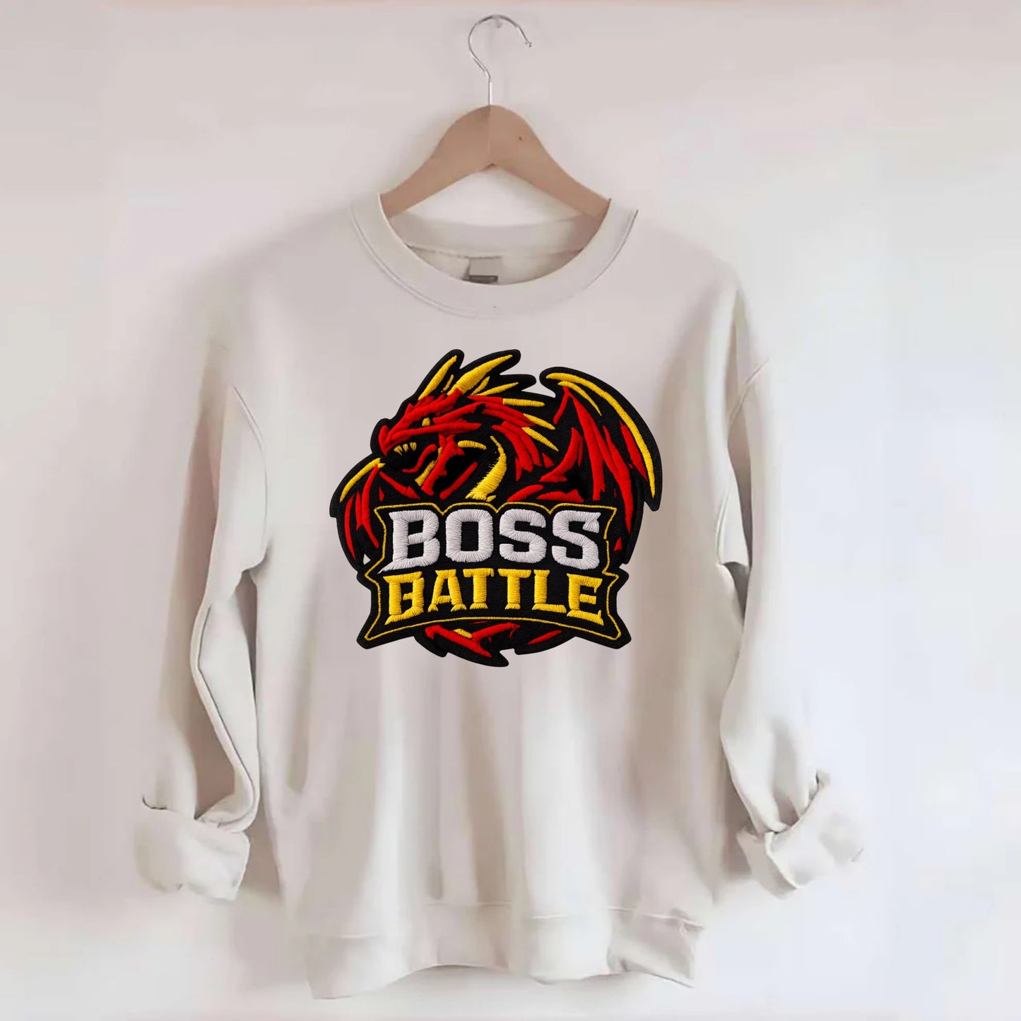 BOSS BATTLE - dragon silhouette in red and gold , raid - Crewneck Sweatshirt - biege