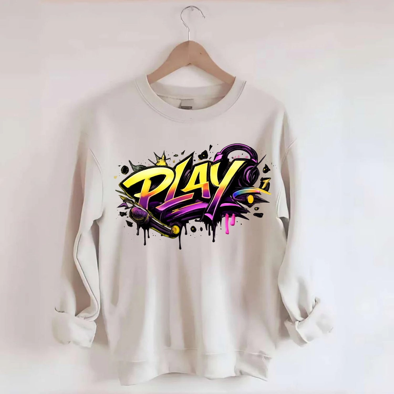 Bold typography design - "PLAY" - creative expression, musical performance - Crewneck Sweatshirt - biege