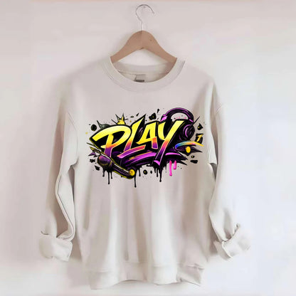 Bold typography design - "PLAY" - creative expression, musical performance - Crewneck Sweatshirt - biege