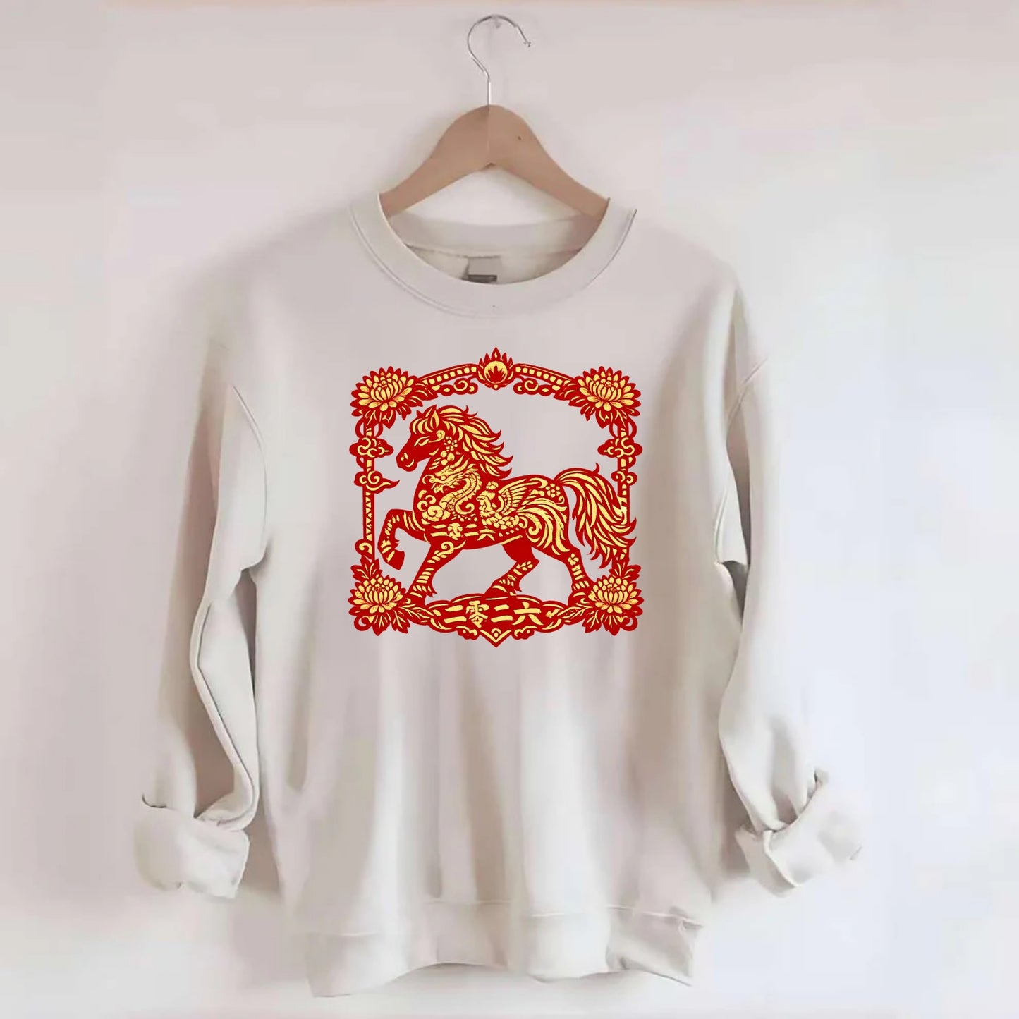 HORSE | Silk style horse design | Gold and silver thread appearance | Phoenix - Crewneck Sweatshirt - biege