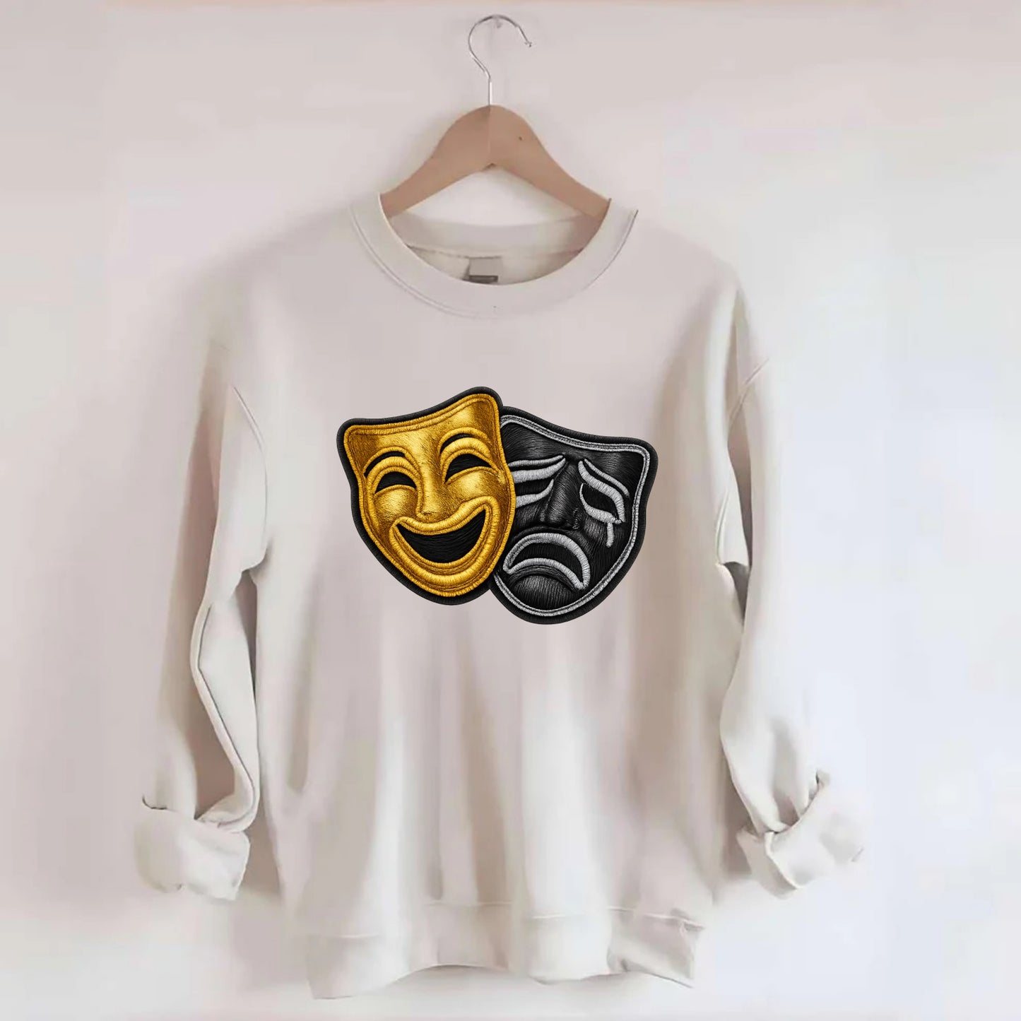BROADWAY MASKS - comedy tragedy masks in gold and black , theater - Crewneck Sweatshirt - biege