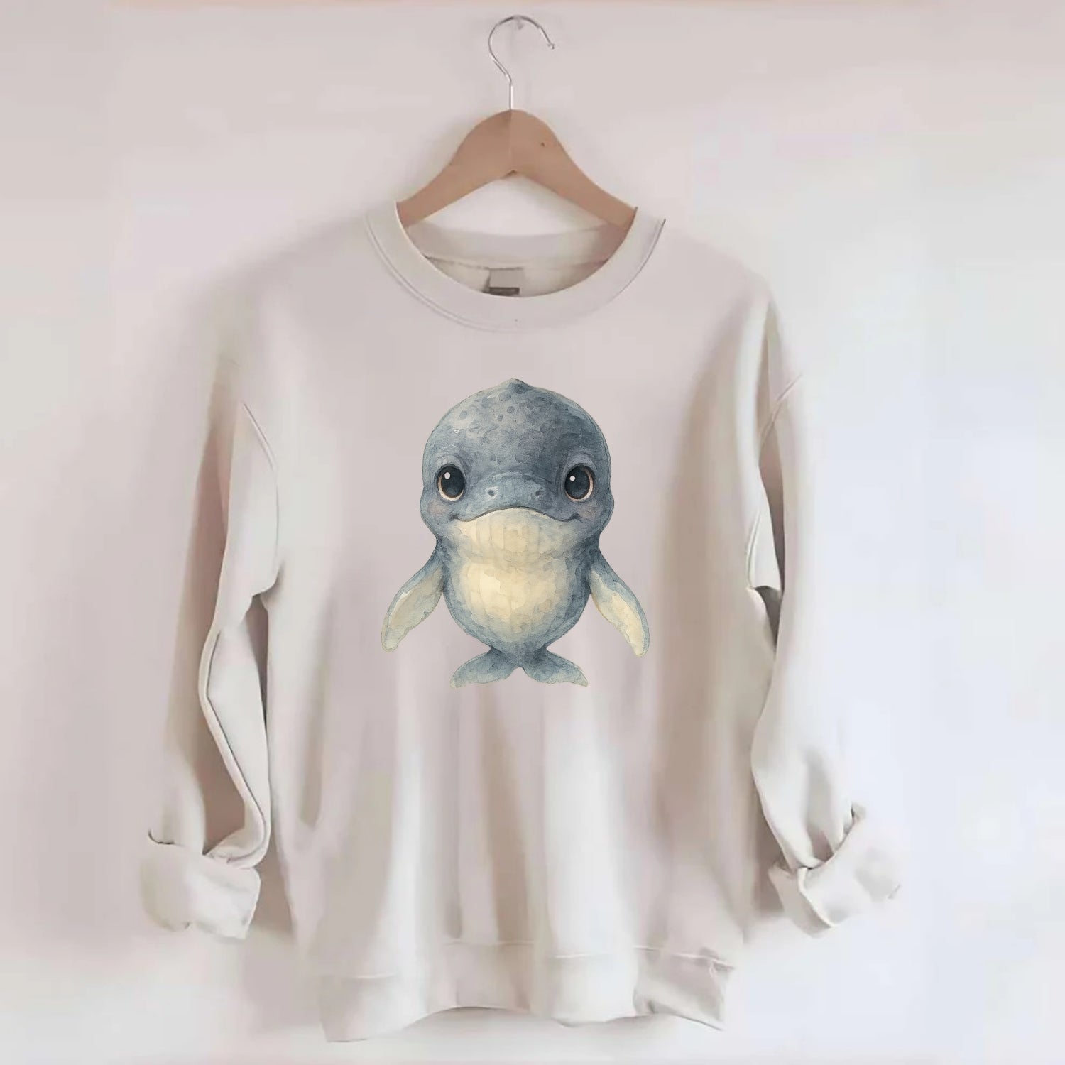 Baby Humpback Whale - dark gray with white flippers, large gentle eyes, - Crewneck Sweatshirt - biege