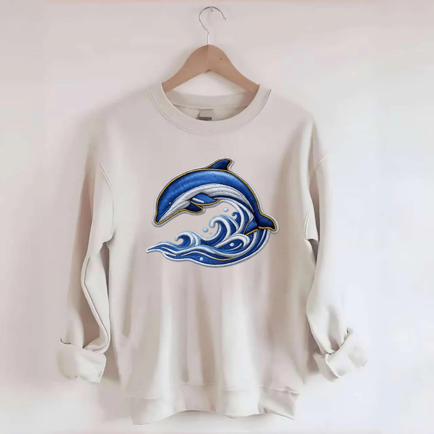 Embroidered patch design - SWIMMING DOLPHIN - diving dolphin with waves in - Crewneck Sweatshirt - biege