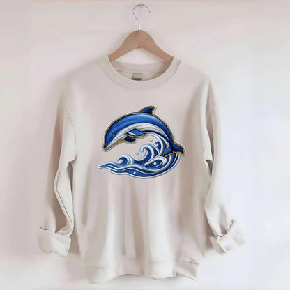 Embroidered patch design - SWIMMING DOLPHIN - diving dolphin with waves in - Crewneck Sweatshirt - biege