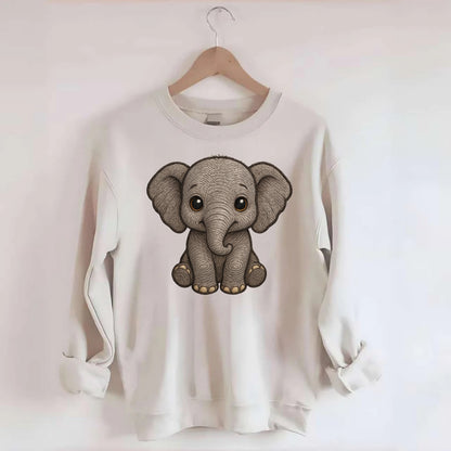 Baby Elephant - gray wrinkly, tiny trunk, large floppy ears, kind dark eyes, - Crewneck Sweatshirt - biege