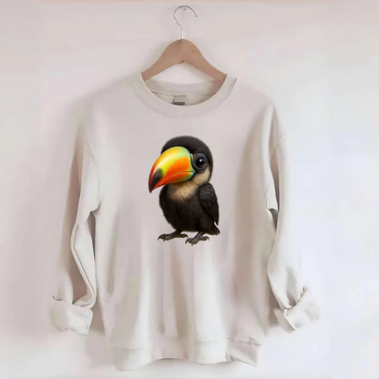 Baby Toucan - oversized colorful beak, black feathers, bright eyes, - Crewneck Sweatshirt - biege
