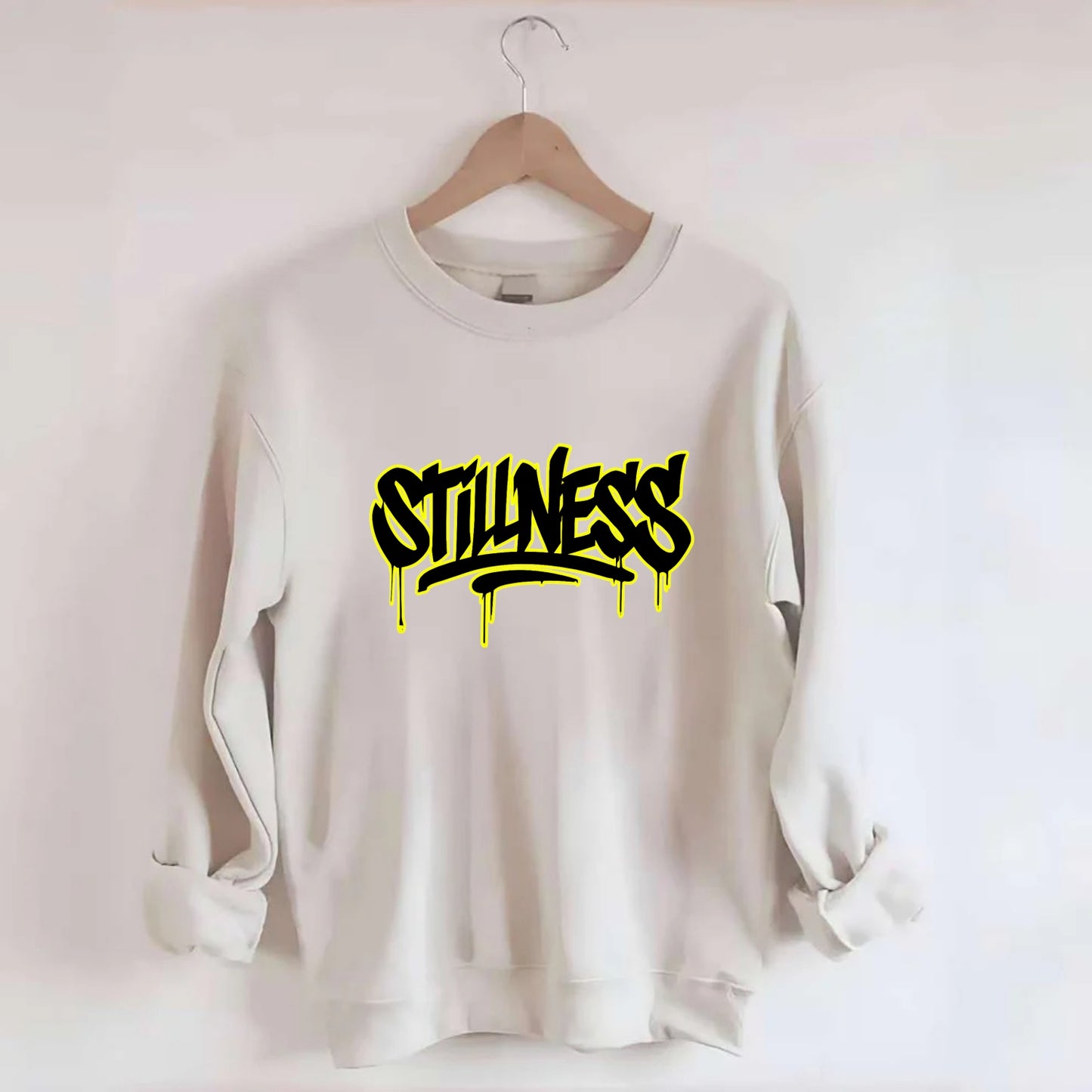 Bold typography design - "STILLNESS" - quiet power, peaceful presence - Crewneck Sweatshirt - biege