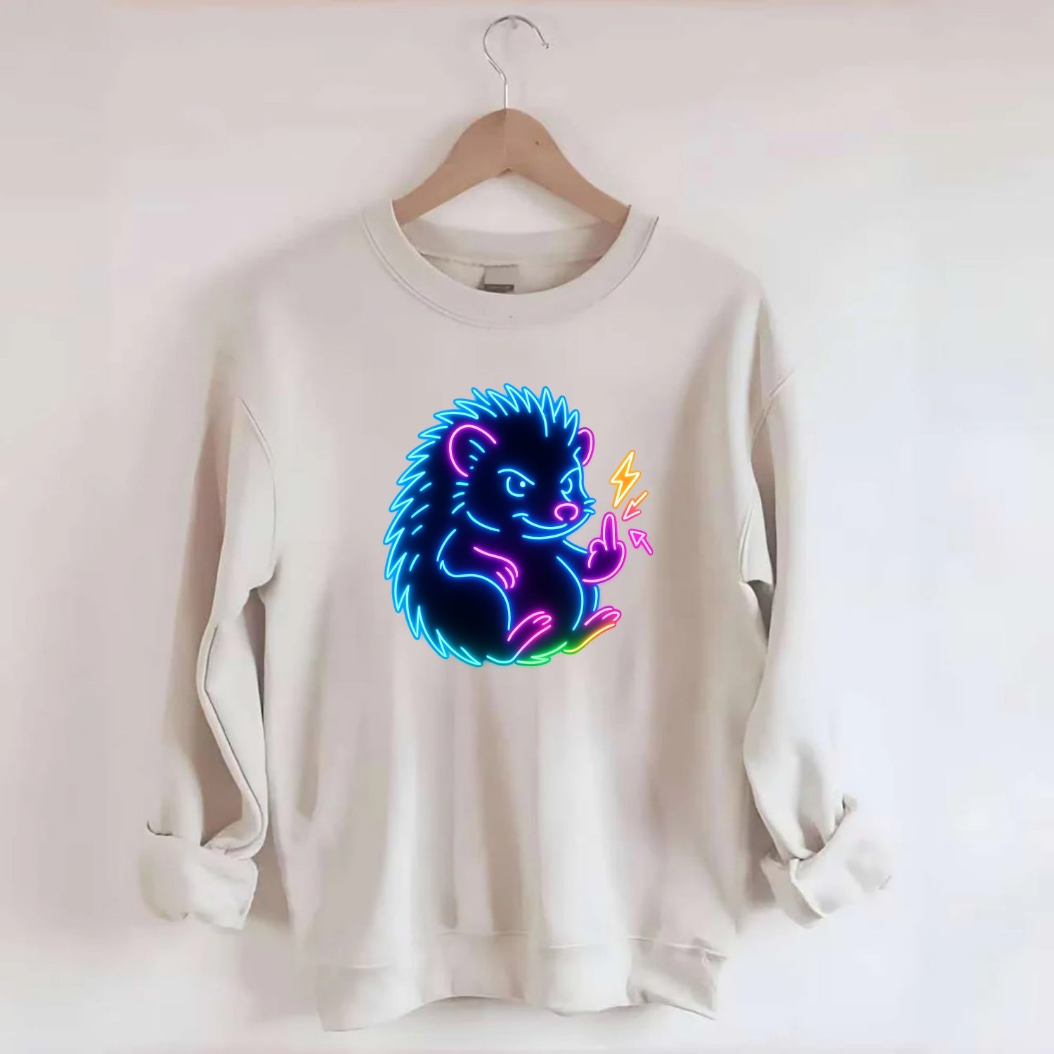 tiny hedgehog curled up slightly, one little paw raised flipping the bird - Crewneck Sweatshirt - biege