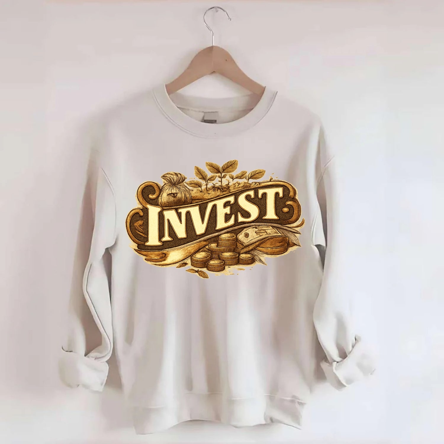 Bold typography design - "INVEST" - growing money, smart decisions - Crewneck Sweatshirt - biege