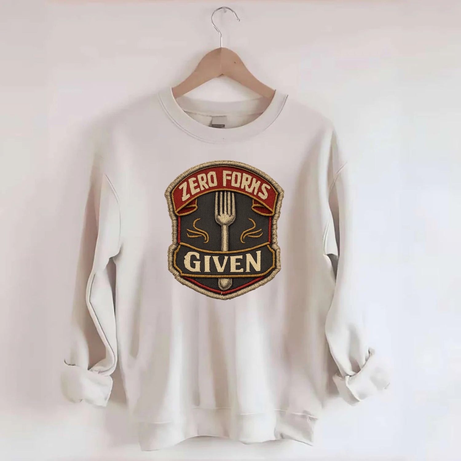 ZERO FORKS GIVEN - fork with text in silver , no cares attitude - Crewneck Sweatshirt - biege