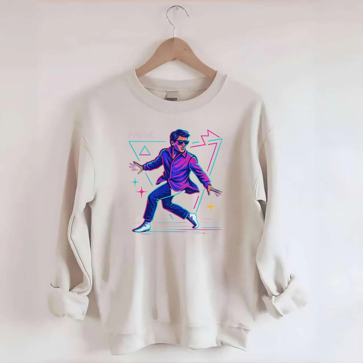 confident figure sliding across polished wooden floor in socks and sunglasses - Crewneck Sweatshirt - biege