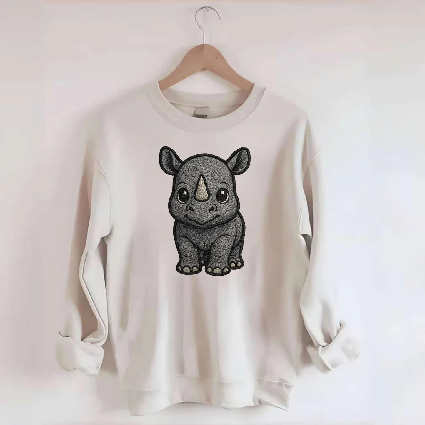 Baby Rhino - gray armor skin, tiny horn nub, round eyes, front-facing, tank - Crewneck Sweatshirt - biege