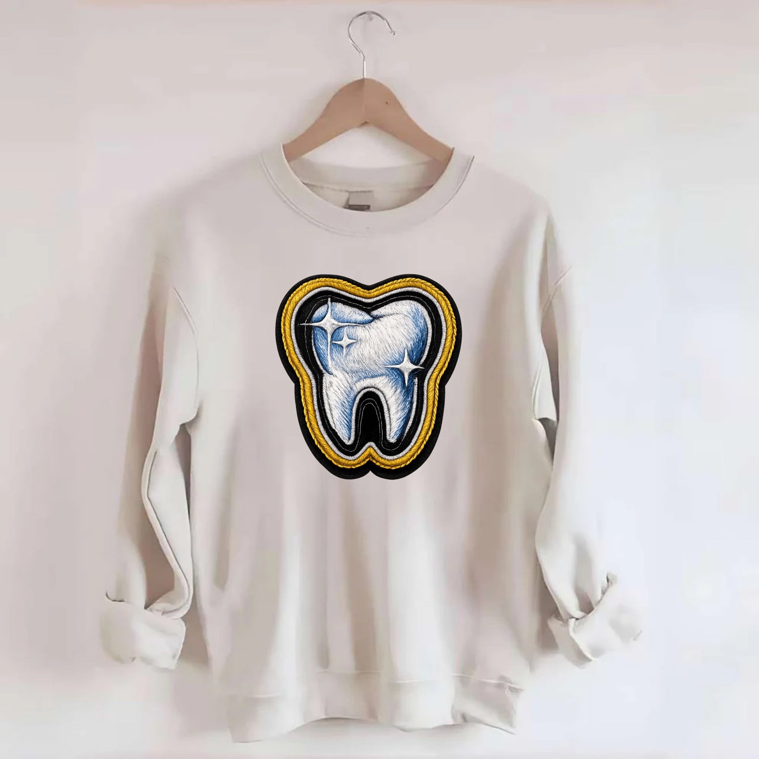 DENTAL TOOTH - molar with sparkle in white and blue , dentist - Crewneck Sweatshirt - biege