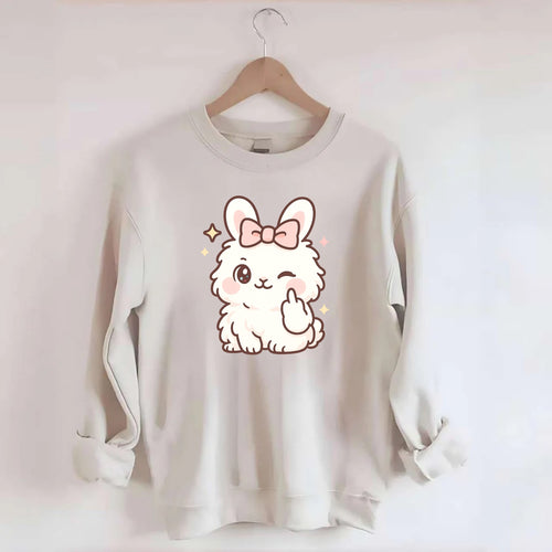 fluffy white angora rabbit with pink bow, one paw delicately flipping off - Crewneck Sweatshirt