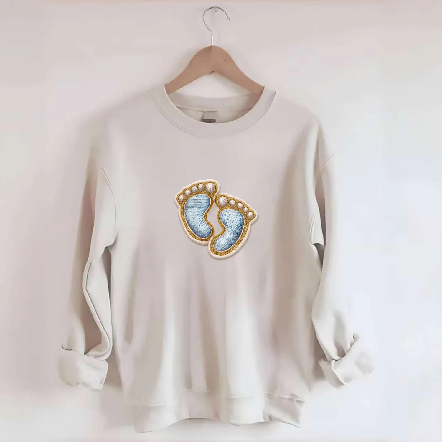 BABY FOOTPRINTS - tiny feet in pink or blue , newborn - Crewneck Sweatshirt - biege