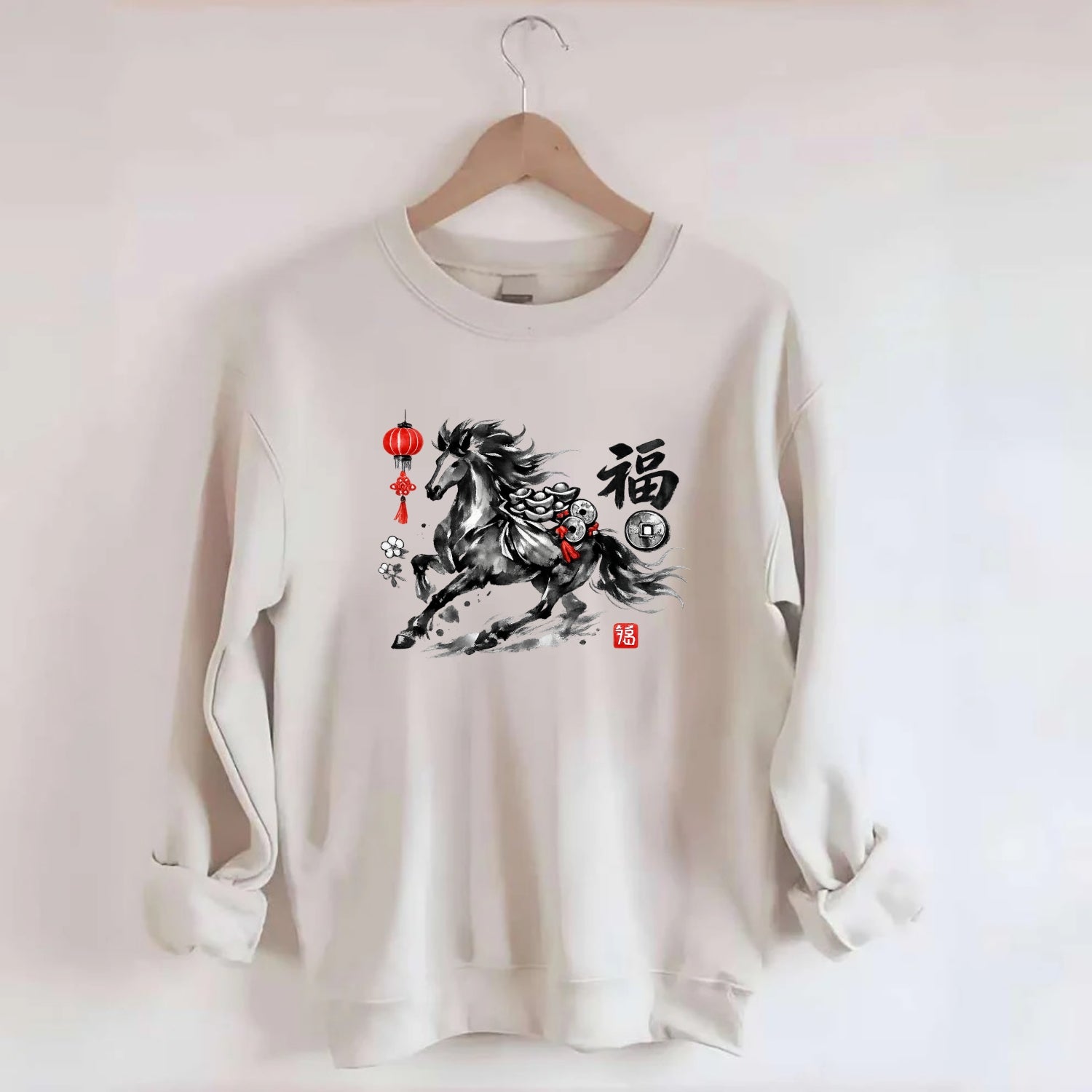 PROSPERITY HORSE | Horse carrying gold ingots and coins | Chinese knot - Crewneck Sweatshirt - biege