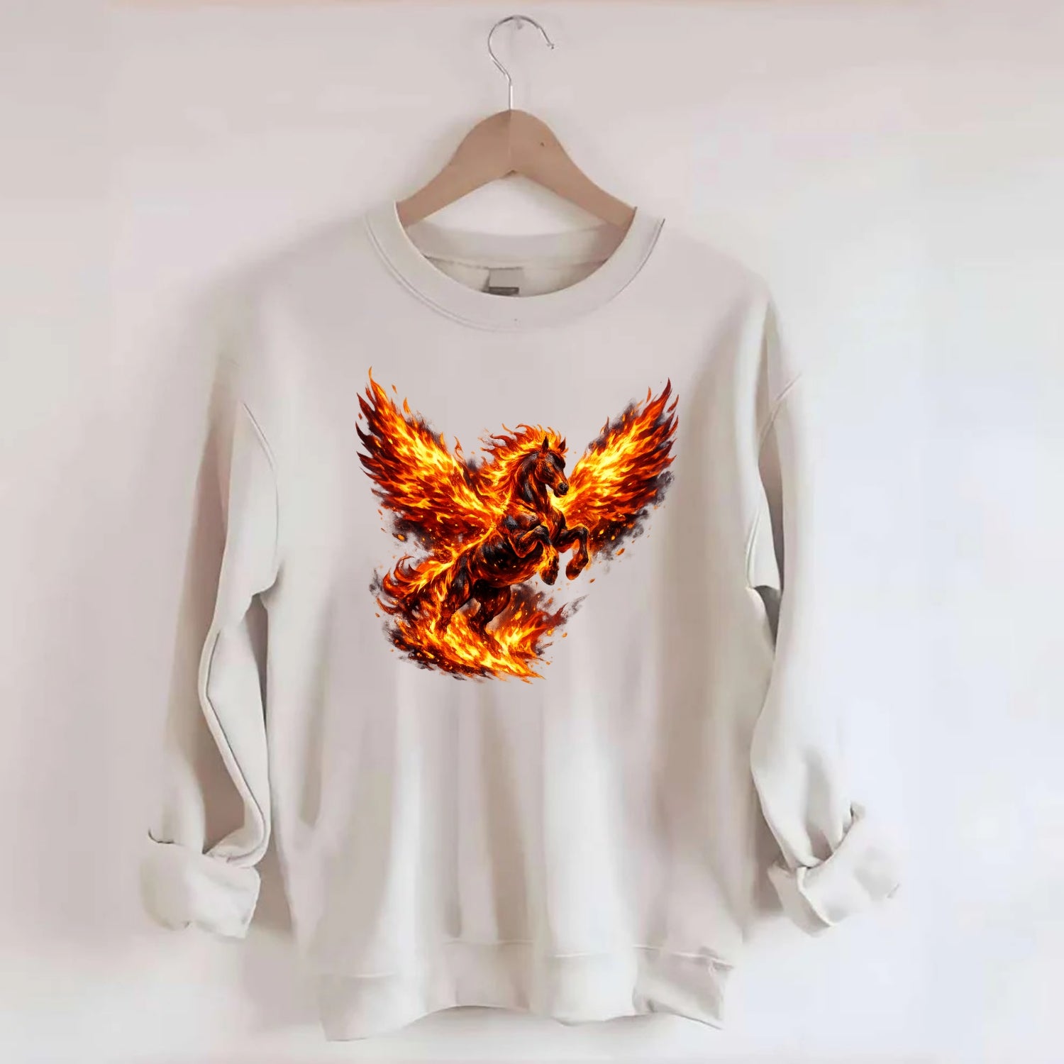 PHOENIX FIRE HORSE | Horse emerging from flames like phoenix | Rebirth - Crewneck Sweatshirt - biege
