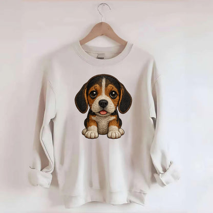 Baby Beagle Puppy - tricolor coat, long droopy ears, big pleading eyes, - Crewneck Sweatshirt - biege