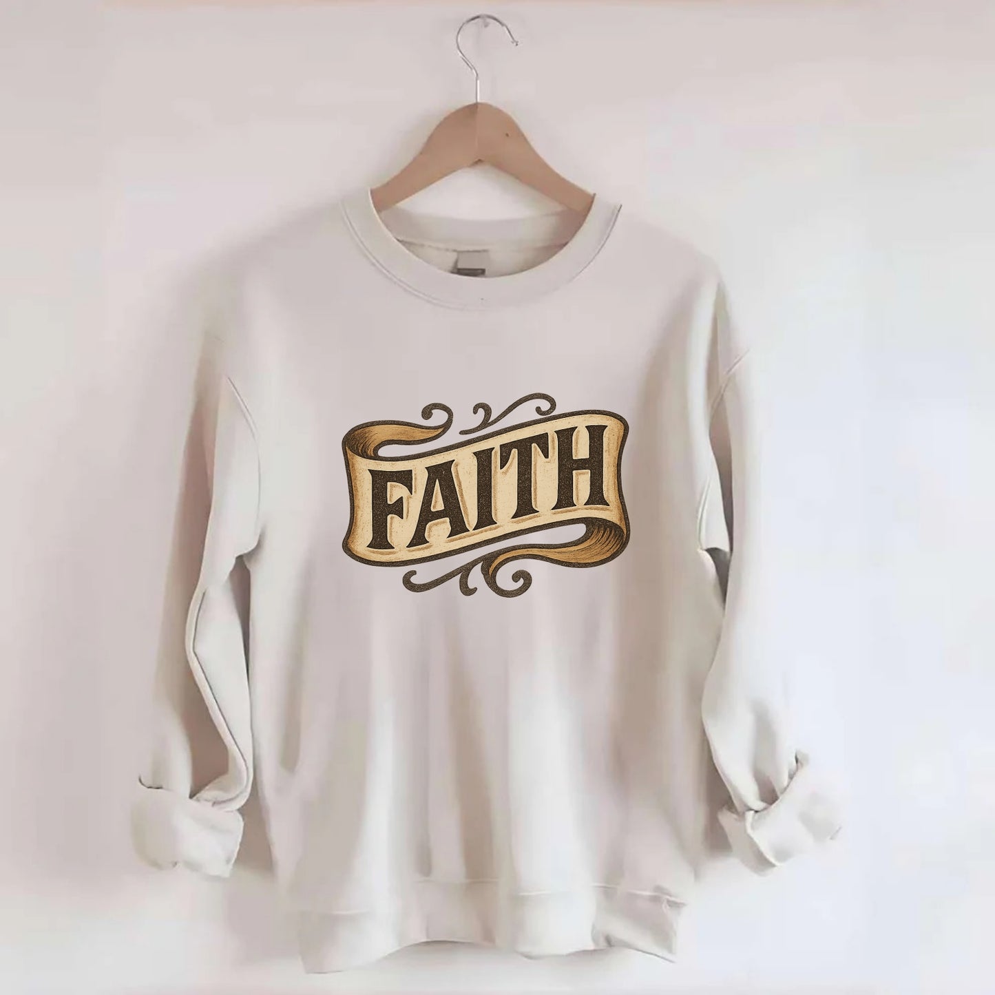 Bold typography design - "FAITH" - trust in the unseen, spiritual strength - Crewneck Sweatshirt - biege