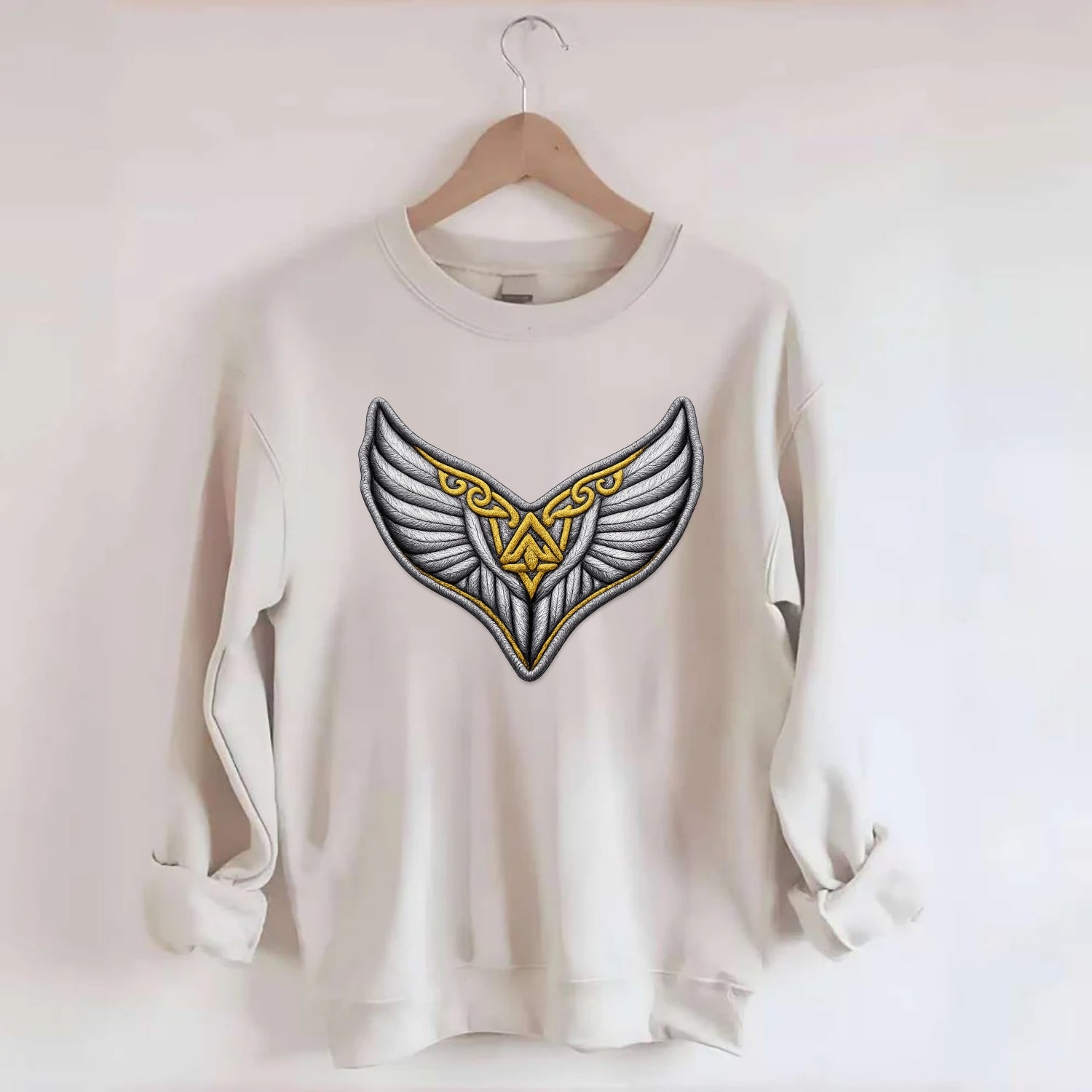 VALKYRIE WINGS - warrior maiden wings in silver and gold , Norse myth - Crewneck Sweatshirt - biege