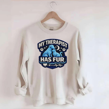 MY THERAPIST HAS FUR - pet silhouette in calming blue , emotional support - Crewneck Sweatshirt - biege