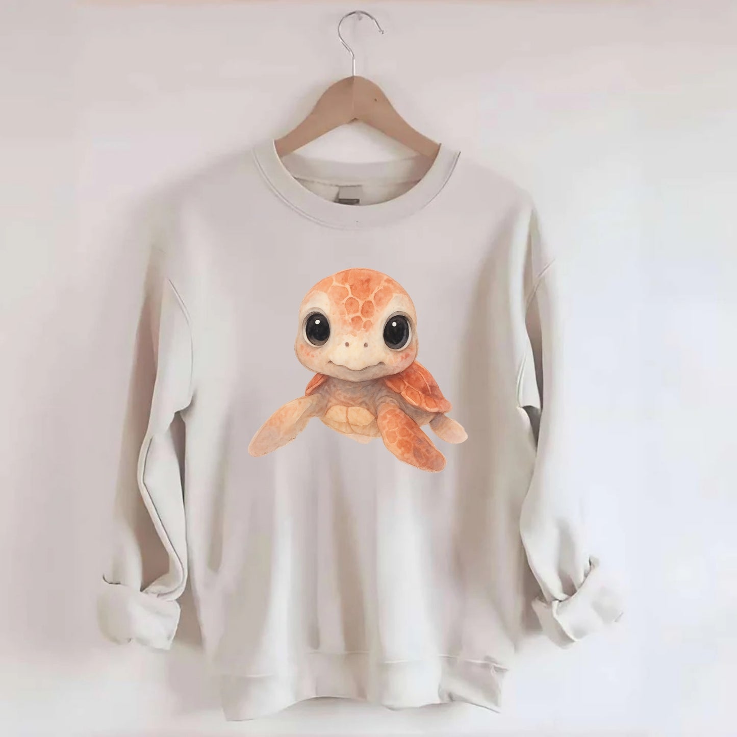 Baby Loggerhead Turtle - reddish-brown shell, big round dark eyes, chunky - Crewneck Sweatshirt - biege