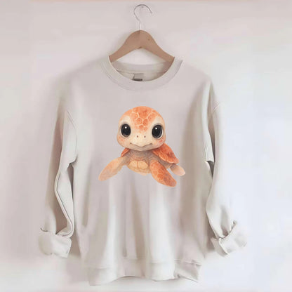 Baby Loggerhead Turtle - reddish-brown shell, big round dark eyes, chunky - Crewneck Sweatshirt - biege
