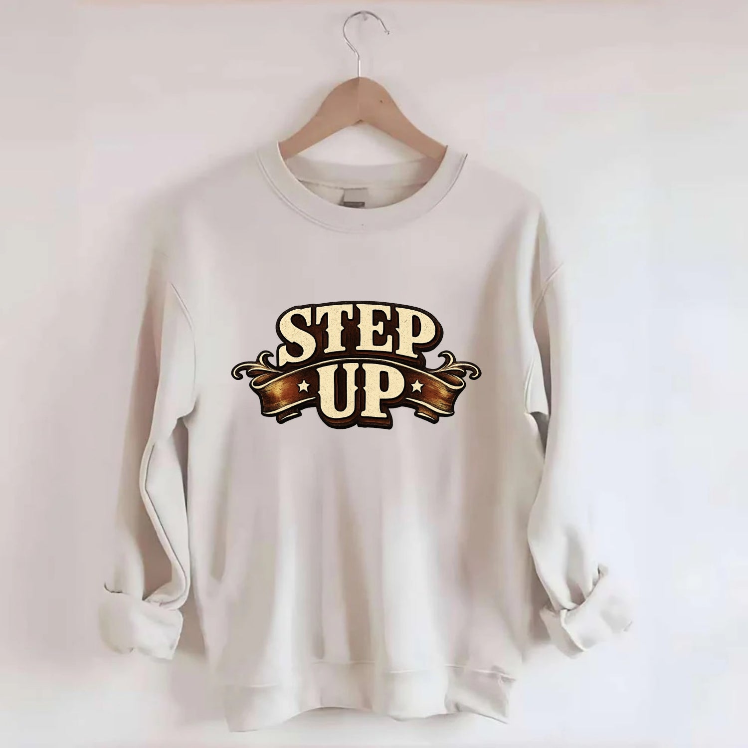 Bold typography design - "STEP UP" - rise to occasion, take charge - Crewneck Sweatshirt - biege